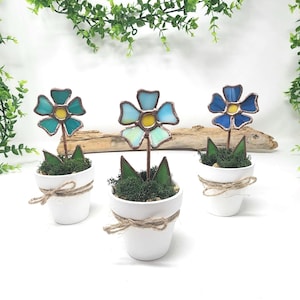 Glasmalerei Topf Vergissmeinnicht Blume, Muttertagsgeschenk, Mini Blumentopf Geschenk für Schwester, helle dekorative Blüte Fensterbank Dekor