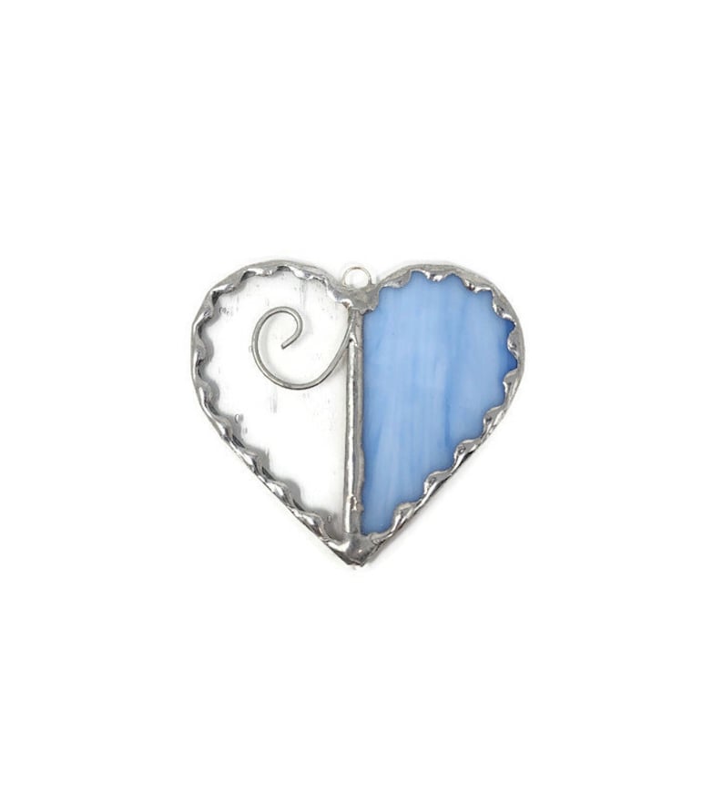 Unique Stained Glass Heart Suncatcher, Valentines Ornament Romantic Gift Idea for Fiance, Romantic Heart Decor for Sentimental Gift Light Blue