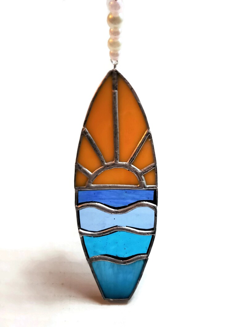 Unique Stained Glass Surfboard Ornament with Ocean Sunrise Etsy