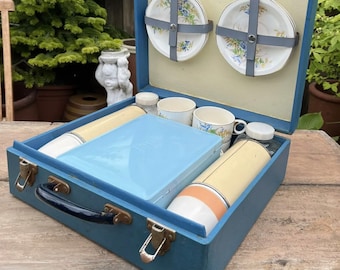 Vintage Blue And Cream Brexton Picnic Hamper Set & Original Contents