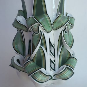 Handmade Green and White Carved Pillar Candle - 5 Inch