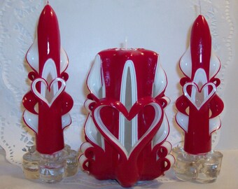 Hand-Carved Valentine Heart Centerpiece Candle Set