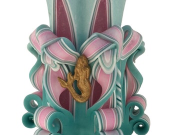 Handmade Pink and Teal Carved Mermaid Theme Pillar Candle - 5 Inch