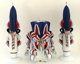 Hand-Carved Patriotic Candle Set with Flag Accents