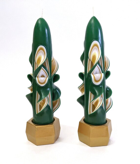Handcarved Green and Gold Taper Candles 6 Inch Etsy