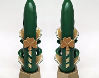 Hand-Carved Green and Gold Shamrock Taper Candles - 6 Inch