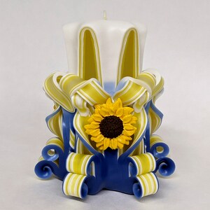 Handmade Yellow and Blue Carved Sunflower Pillar Candle - 5 Inch