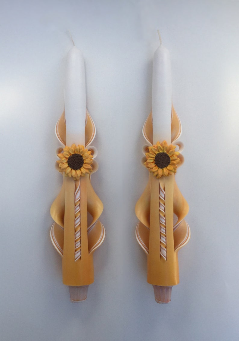 Hand-Carved Golden Sunflower Taper Candles