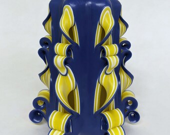 Hand-Carved Blue and Yellow Carved Pillar Candle - 5 Inch