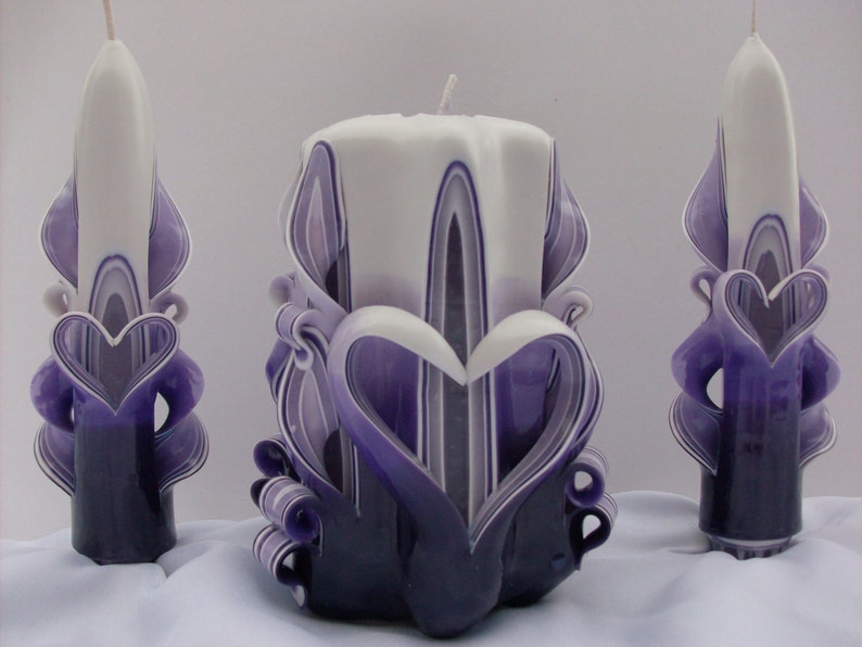 Hand-Carved Valentine Heart Candle Set Purple