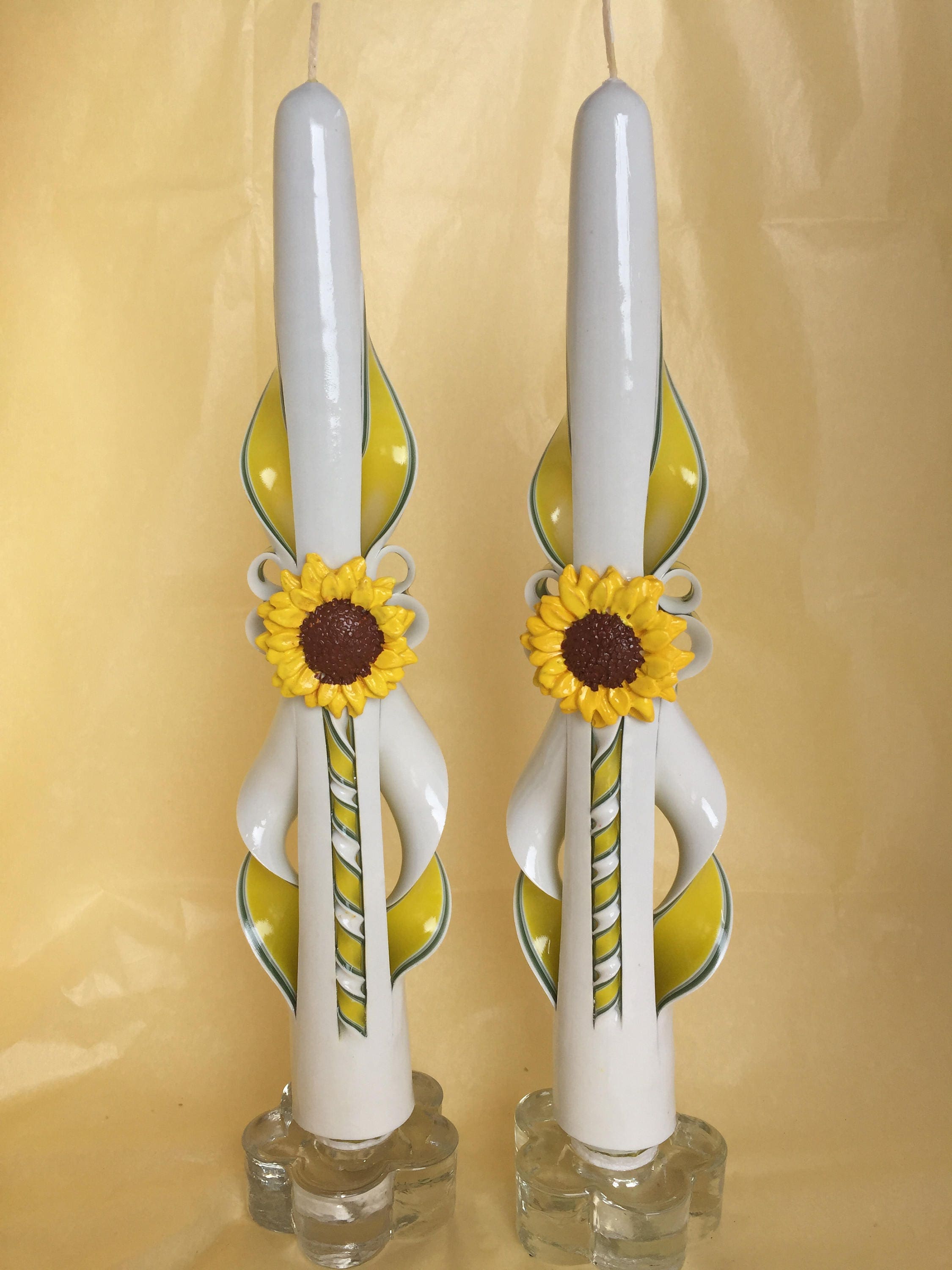 Hand-Carved Golden Sunflower Taper Candles