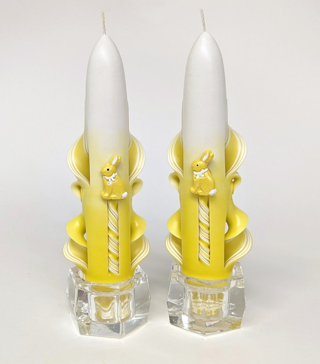 Handcarved Yellow & White Easter Bunny Taper Candles 6 Inch Etsy