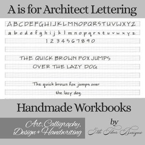Könnte beinhalten: Ein Schwarzweißbild eines druckbaren Arbeitsblattes zum Üben von Architekturschrift. Das Arbeitsblatt enthält das Alphabet in Groß- und Kleinschreibung, Zahlen und den Satz "The quick brown fox jumps over the lazy dog." Der Text "A is for Architect Lettering" erscheint oben auf der Seite. Der Text "Handmade Workbooks" erscheint unten auf der Seite, zusammen mit dem Text "Art, Calligraphy, Design + Handwriting" und "by 5th Floor Designs."