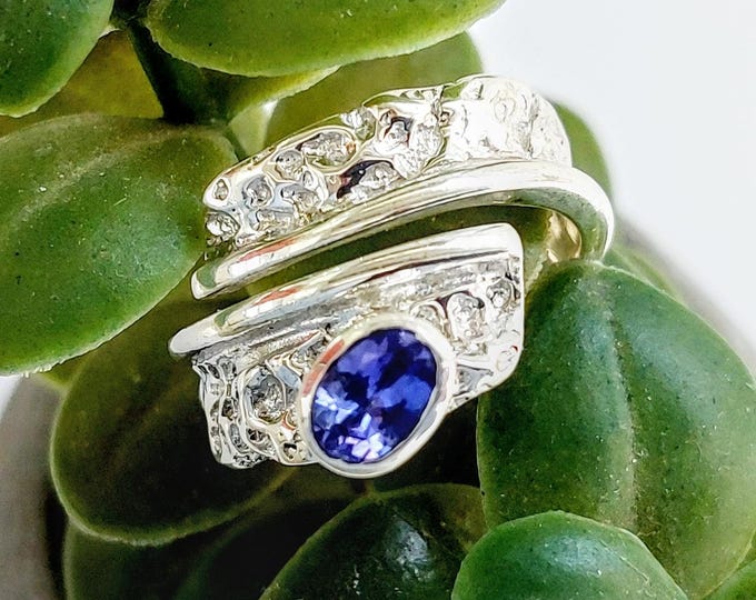 Sterling Silver Brutal Ring with Tanzanite, Adjustable Statement Ring, Raw Silver Ring, Bold Artisan Jewelry, Gift for Her