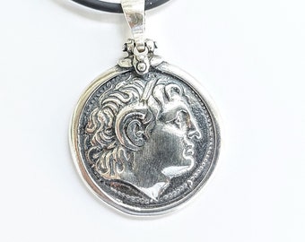 Sterling Silver Alexander the Great Pendant, Ancient Greek Coin Replica, Large Silver Medallion Necklace