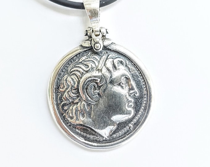 Sterling Silver Alexander the Great Pendant, Ancient Greek Coin Replica, Large Silver Medallion Necklace