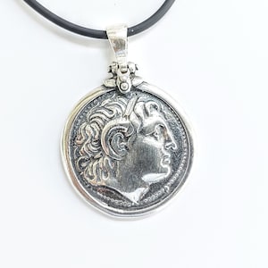 Sterling Silver Alexander the Great Pendant, Ancient Greek Coin Replica, Large Silver Medallion Necklace
