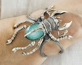 Boho chic silver scarab cuff bracelet, artisan beetle design