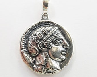 Sterling Silver Athena and Owl Coin Pendant, Ancient Greek Ten Drachma Coin Replica, silver coin jewelry