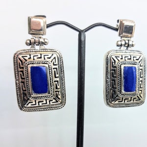Lapis lazuli earrings in sterling silver 925, rectangular Greek key dangle earrings, boho style