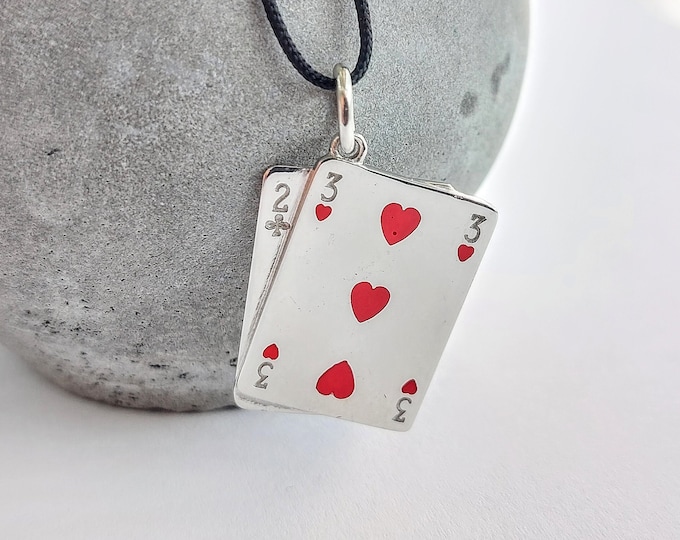 Three of hearts card necklace in sterling silver 925 with enamel