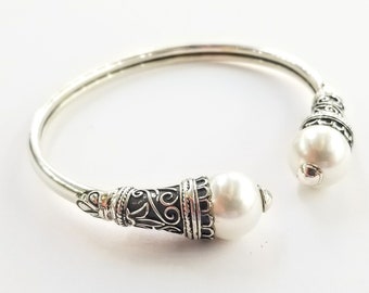 Sterling Silver Pearl Bracelet 925 – Byzantine Pearl Cuff, Freshwater Pearl Silver Jewelry, Gift for Her / Bridal Bracelet