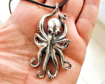 Playful octopus pendant in sterling silver 925, on black leather cord, nautical jewelry