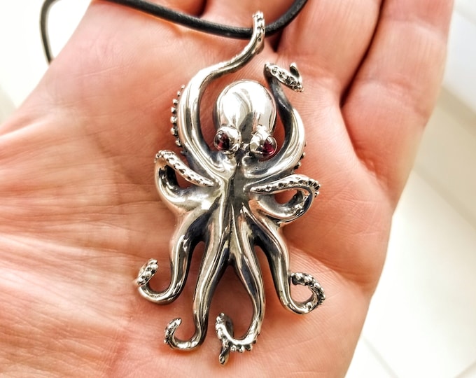 Playful octopus pendant in sterling silver 925, on black leather cord, nautical jewelry