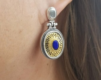 Lapis lazuli earrings with Greek key in sterling silver 925