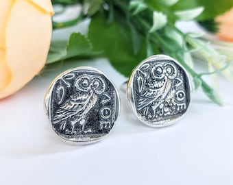 Sterling silver Athena owl coin cufflinks, jewelry gift for men.
