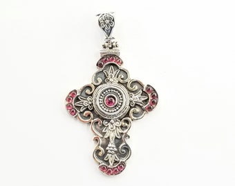 Handmade Sterling Silver Byzantine Cross, Large Orthodox Cross with Garnet Gemstones