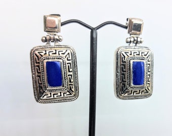 Lapis lazuli earrings with Greek key design in sterling silver 925