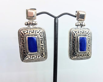 Lapis lazuli earrings in sterling silver 925, rectangular Greek key dangle earrings, boho style
