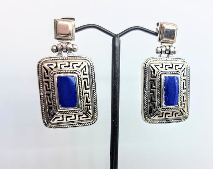 Lapis lazuli earrings in sterling silver 925, rectangular Greek key dangle earrings, boho style