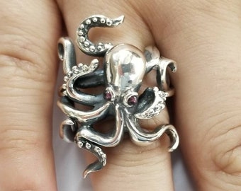 Octopus ring in sterling silver 925, marine life jewelry, sea-creature ring