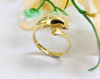 k14 gold dolphin ring with pectoral and dorsal fins