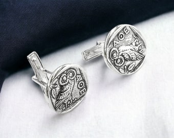 Coin cufflinks of the Athena Owl in sterling silver 925, coin jewelry for men, symbol of wisdom, silver cufflinks
