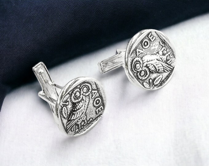 Coin cufflinks of the Athena Owl in sterling silver 925, coin jewelry for men, symbol of wisdom, silver cufflinks