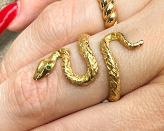 14K Gold Snake Ring, Textured Serpent Ring with Gemstone Eyes, Unique Gold Statement Ring