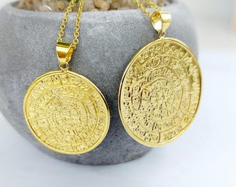 Disc of Phaistos necklace, k14 gold, ancient symbolic pendant, Greek calendar, gift for history lover.