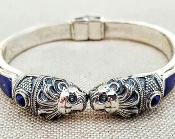 Sterling Silver Lion Head Bracelet, Byzantine Lapis Lazuli Animal Cuff, museum inspired jewelry