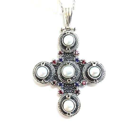 Sterling silver cross with pearls, vintage style religious pendant, faith related necklace