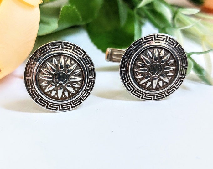 Elegant Sterling Silver Macedonian Sun Cufflinks, History-inspired Men's Jewelry, Vergina star symbol