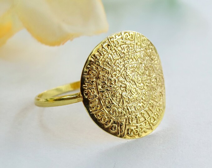 Disc of Phaistos ring in k14 gold, ancient Greek calendar, symbolic gold ring