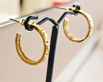 Greek key hoop earrings in 14K gold, perforated Greek meander earrings
