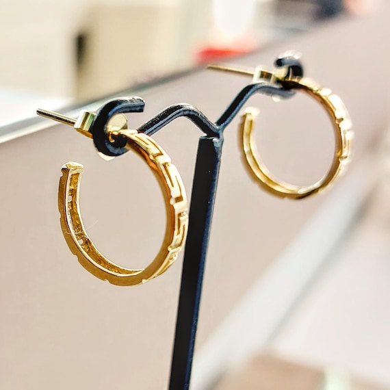 Greek key hoop earrings in 14K gold, perforated Greek meander earrings