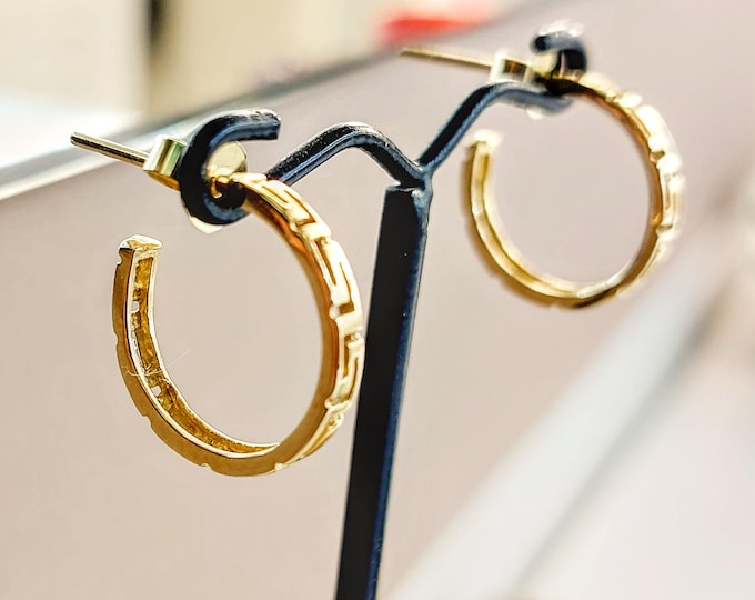 K14 Gold Hoop Earrings with perforated Greek Key Design, Meander jewelry