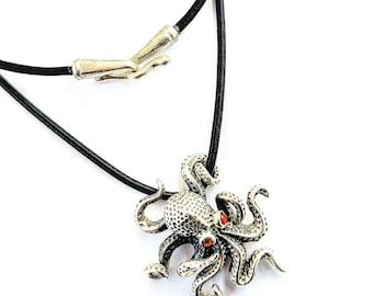 Textured Sterling Silver Octopus Necklace, Garnet-Eyed Octopus Pendant, Ocean-Inspired Jewelry