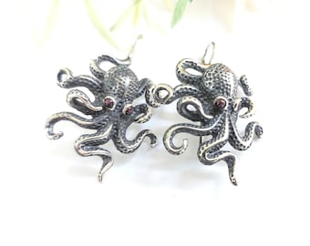 Sterling Silver Octopus Earrings with Garnet Eyes, Oxidized Marine Jewelry