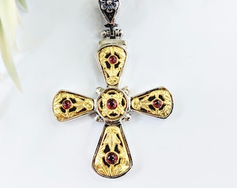 Byzantine Cross: Sterling Silver 925 with Gold and Garnet Inlays
